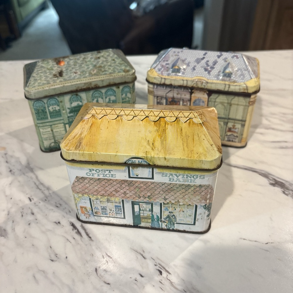 Vintage Village House Tin Canisters Set of 3 Cottagecore Kitchen Decor